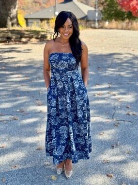 Strapless Denim Midi Dress | A-Line Full Skirt | Pockets | Chic Classic